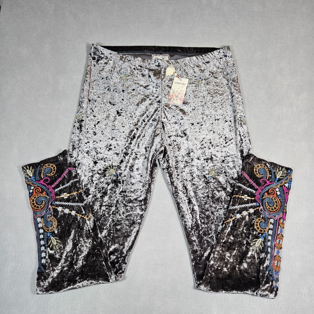 Johnny Was Womens Silver Janelle Velvet Embroidered Leggings Size Large NWT